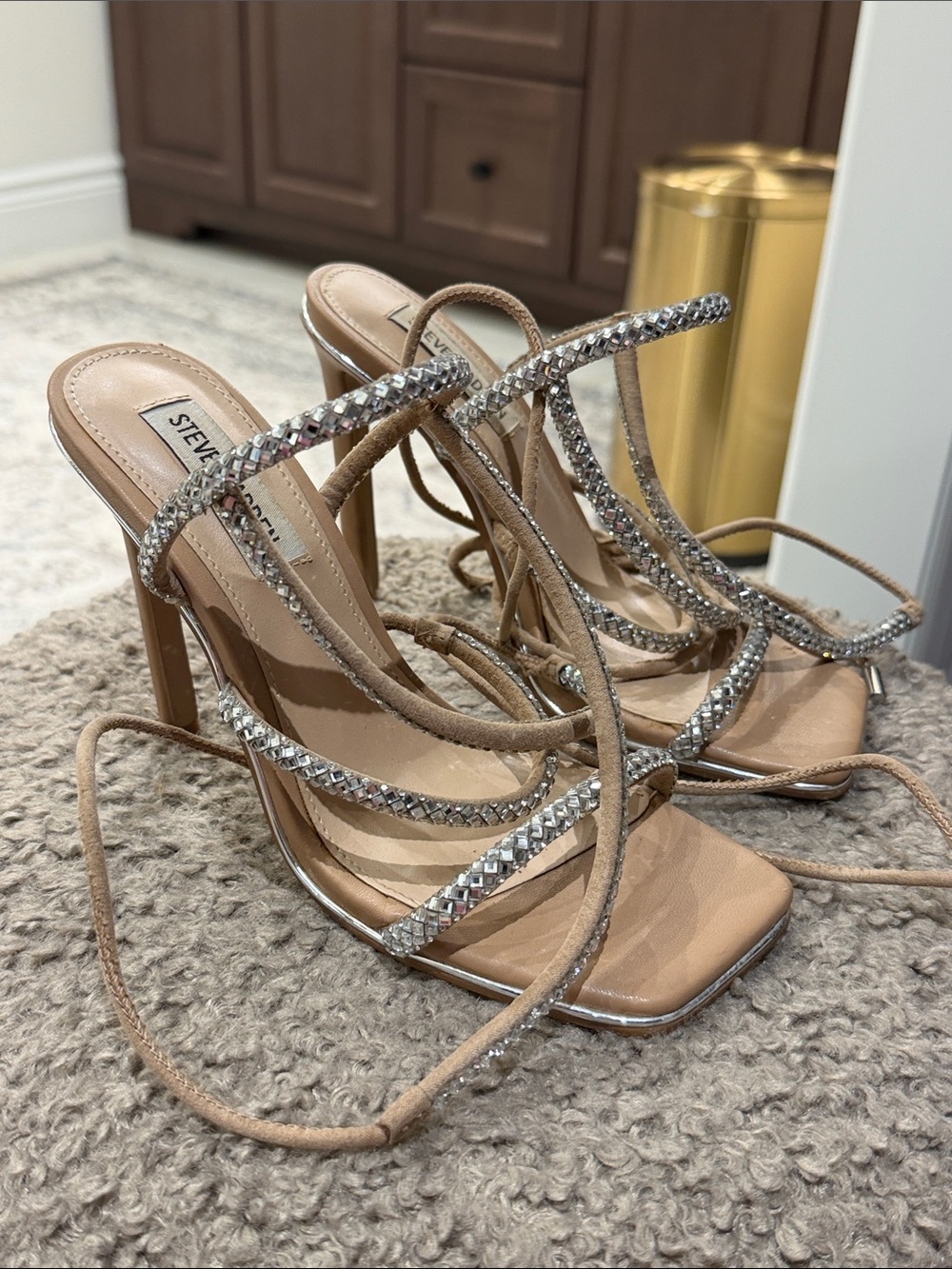 Steve Madden Tan Crystal Strappy Lace-Up High Heel Sandals